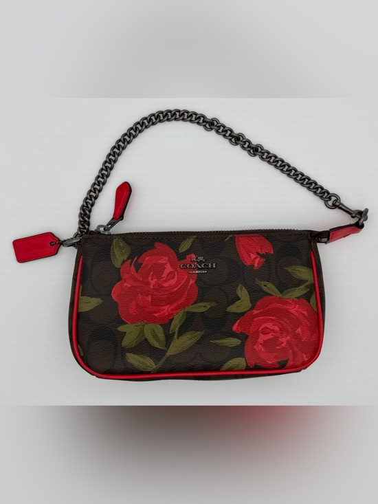 Coach Handbags - Coach Signature Rose Floral Zip Wristlet Clutch Black Red Chain Strap NWOT